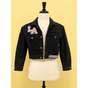 Vintage 80s LA Gear Black Denim Jean Jacket with Patches and Buttons pink black